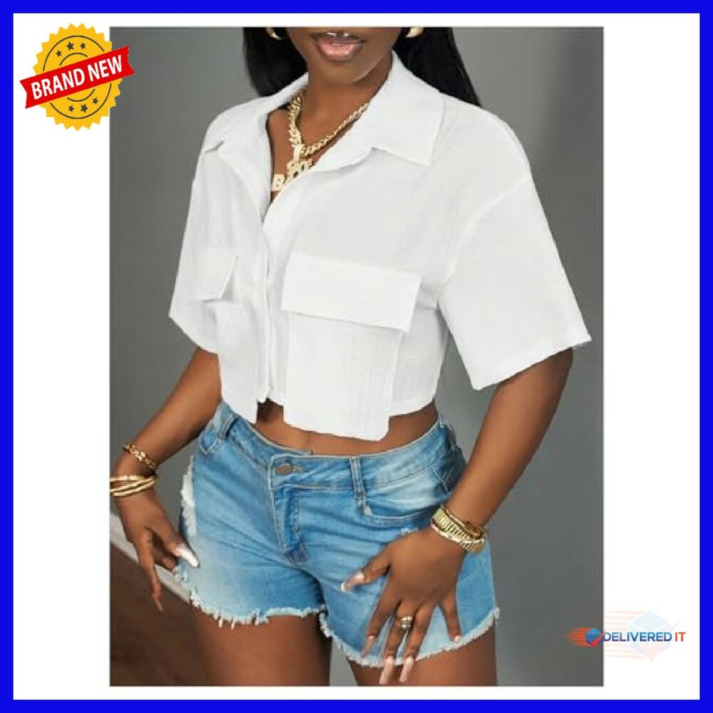 Button Down Asymmetrical Crop Top - Soft Material… - image 3